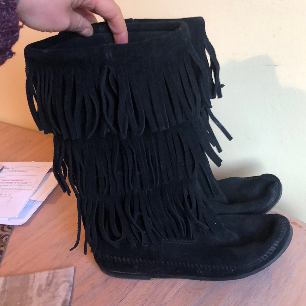 Minnetonka Black Fringe Boots